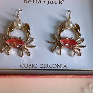 Bella Jack Gold Crab Drop Earrings with Pink Stone and Pearl